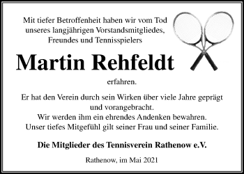 Traueranzeige von Martin Rehfeldt von Märkische Oderzeitung