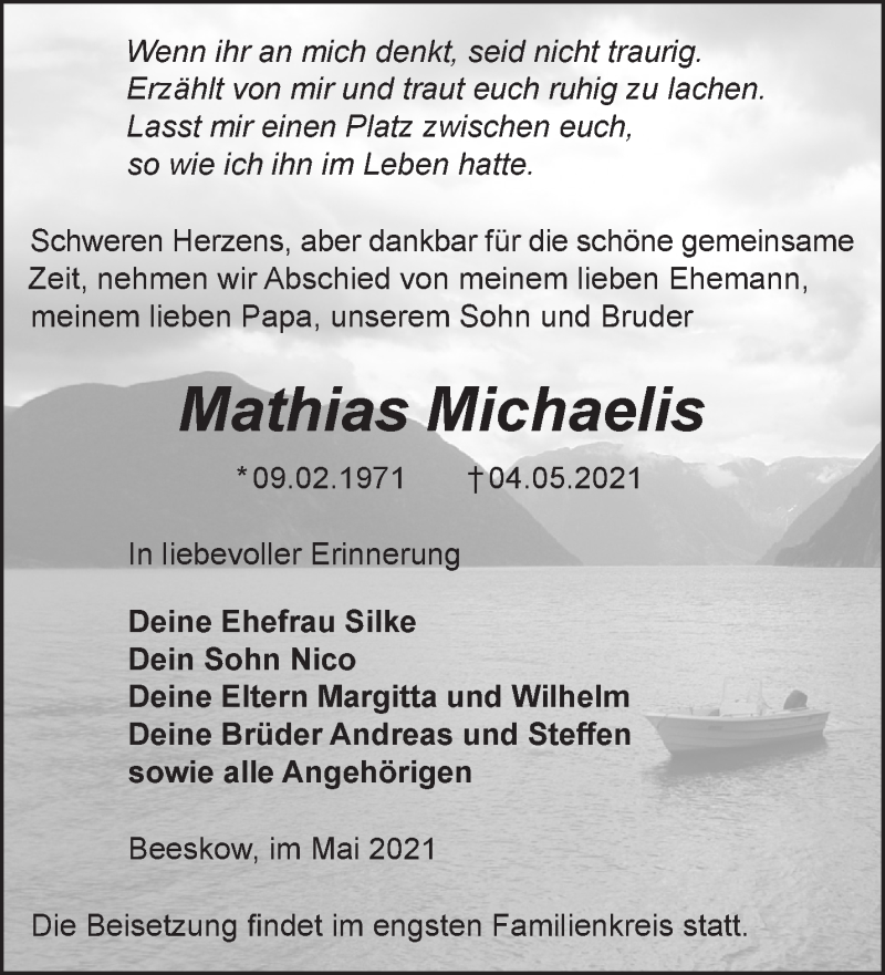  Traueranzeige für Mathias Michaelis vom 15.05.2021 aus Märkische Oderzeitung