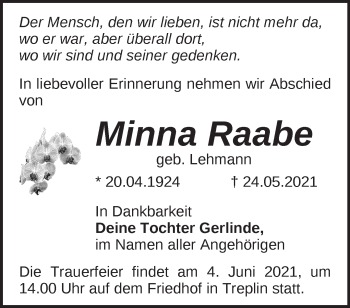 Traueranzeige von Minna Raabe von Märkische Oderzeitung