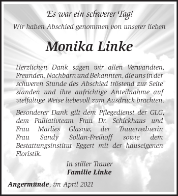 Traueranzeige von Monika Linke von Märkische Oderzeitung