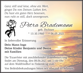 Traueranzeige von Petra Brademann von Märkische Oderzeitung