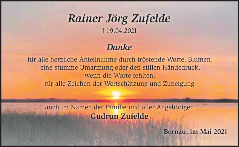  Traueranzeige für Rainer Jörg Zufelde vom 22.05.2021 aus Märkische Oderzeitung