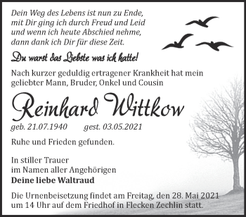 Traueranzeige von Reinhard Wittkow von Märkische Oderzeitung