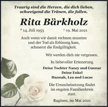 Traueranzeige von Rita Bärkholz von Märkische Oderzeitung