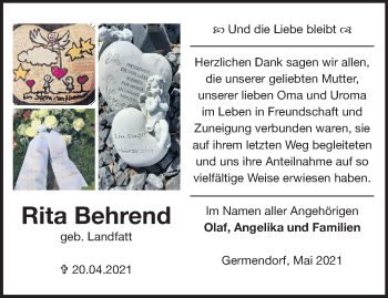 Traueranzeige von Rita Behrend von Märkische Oderzeitung