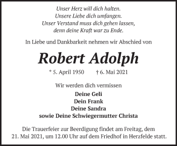 Traueranzeige von Robert Adolph von Märkische Oderzeitung