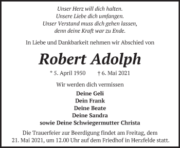 Traueranzeige von Robert Adolph von Märkische Oderzeitung