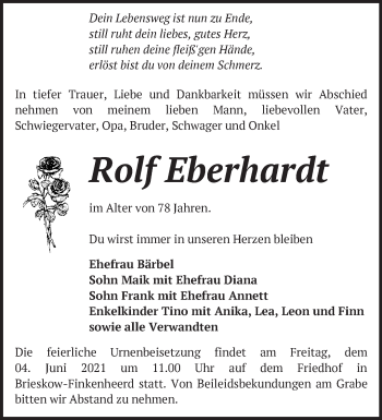 Traueranzeige von Rolf Eberhardt von Märkische Oderzeitung