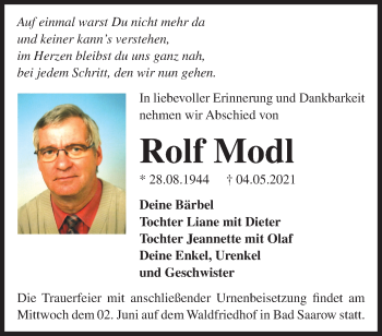 Traueranzeige von Rolf Modl von Märkische Oderzeitung