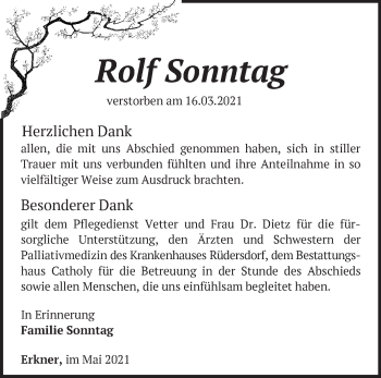 Traueranzeige von Rolf Sonntag von Märkische Oderzeitung