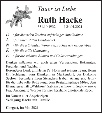 Traueranzeige von Ruth Hacke von Märkische Oderzeitung