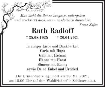 Traueranzeige von Ruth Radloff von Märkische Oderzeitung