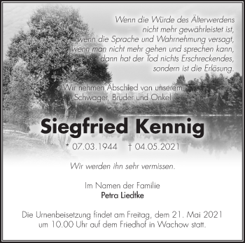 Traueranzeige von Siegfried Kennig von Märkische Oderzeitung