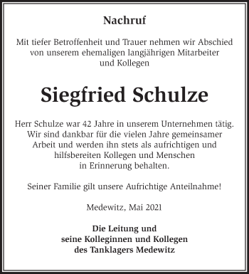 Traueranzeige von Siegfried Schulze von Märkische Oderzeitung