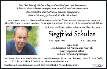 Traueranzeige von Siegfried Schulze von Märkische Oderzeitung