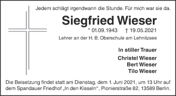 Traueranzeige von Siegfried Wieser von Märkische Oderzeitung