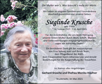 Traueranzeige von Sieglinde Krusche von Märkische Oderzeitung