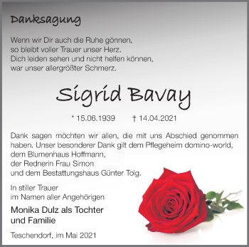 Traueranzeige von Sigrid Bavay von Märkische Oderzeitung