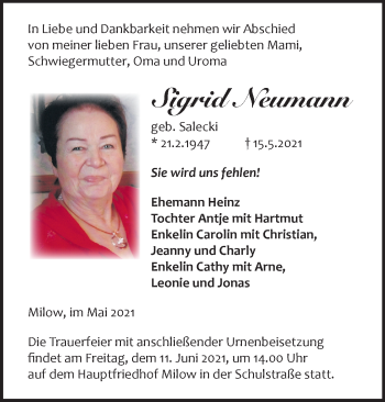 Traueranzeige von Sigrid Neumann von Märkische Oderzeitung