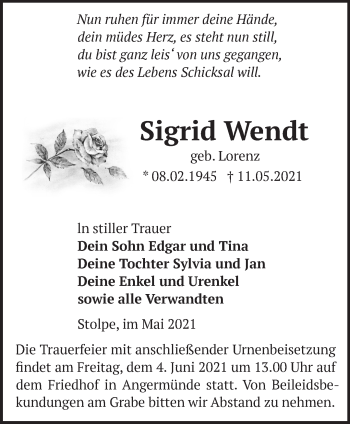 Traueranzeige von Sigrid Wendt von Märkische Oderzeitung