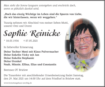 Traueranzeige von Sophie Reinicke von Märkische Oderzeitung