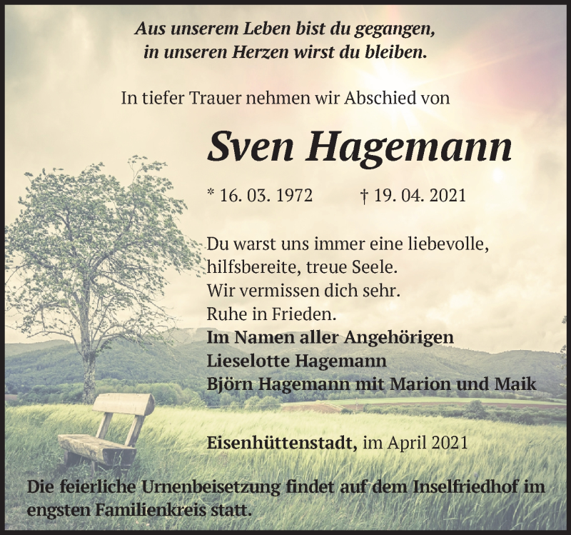  Traueranzeige für Sven Hagemann vom 15.05.2021 aus Märkische Oderzeitung