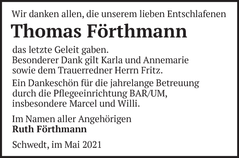  Traueranzeige für Thomas Förthmann vom 23.05.2021 aus Märkische Oderzeitung