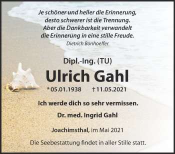 Traueranzeige von Ulrich Gahl von Märkische Oderzeitung