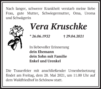 Traueranzeige von Vera Kruschke von Märkische Oderzeitung