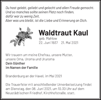 Traueranzeige von Waldtraut Kaul von Märkische Oderzeitung