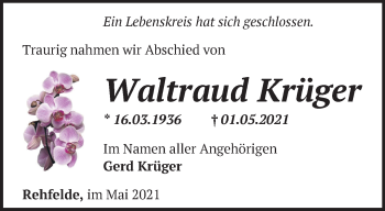 Traueranzeige von Waltraud Krüger von Märkische Oderzeitung