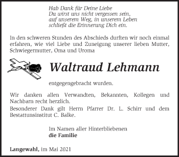 Traueranzeige von Waltraud Lehmann von Märkische Oderzeitung