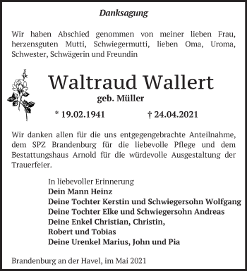 Traueranzeige von Waltraud Wallert von Märkische Oderzeitung