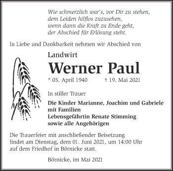 Traueranzeige von Werner Paul von Märkische Oderzeitung