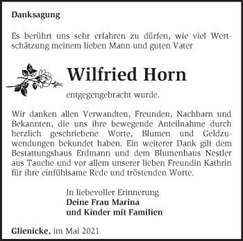 Traueranzeige von Wilfried Horn von Märkische Oderzeitung