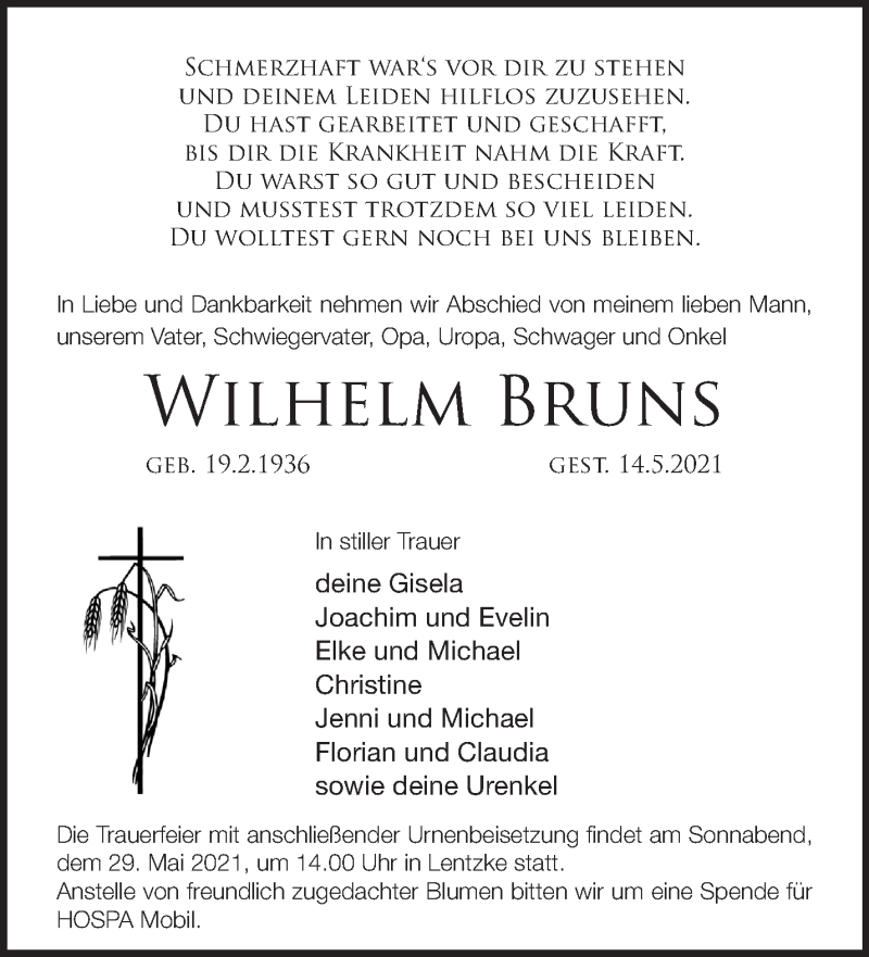  Traueranzeige für Wilhelm Bruns vom 22.05.2021 aus Märkische Oderzeitung