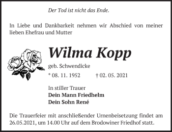 Traueranzeige von Wilma Kopp von Märkische Oderzeitung