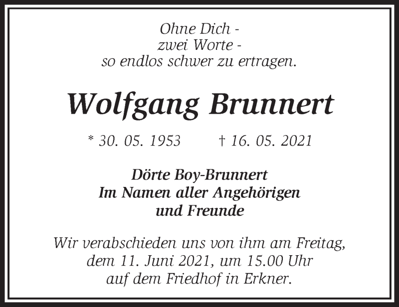  Traueranzeige für Wolfgang Brunnert vom 22.05.2021 aus Märkische Oderzeitung