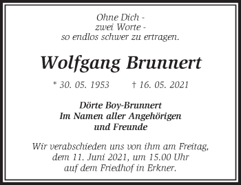 Traueranzeige von Wolfgang Brunnert von Märkische Oderzeitung