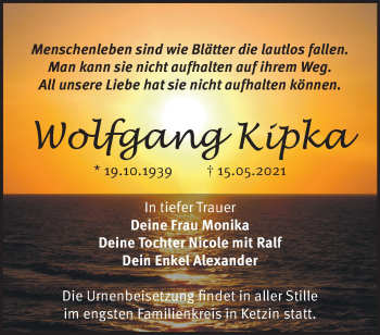 Traueranzeige von Wolfgang Kipka von Märkische Oderzeitung