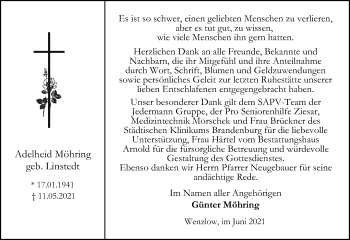 Traueranzeige von Adelheid Möhring von Märkische Oderzeitung