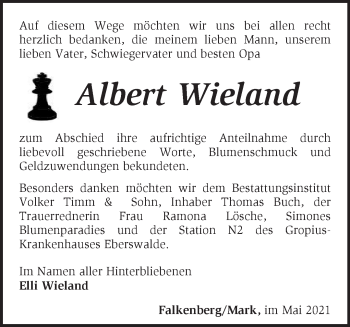 Traueranzeige von Albert Wieland von Märkische Oderzeitung