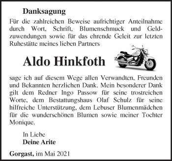 Traueranzeige von Aldo Hinkfoth von Märkische Oderzeitung