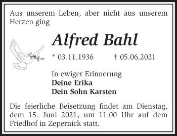 Traueranzeige von Alfred Bahl von Märkische Oderzeitung