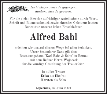 Traueranzeige von Alfred Bahl von Märkische Oderzeitung