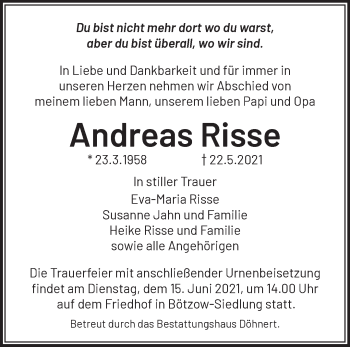 Traueranzeige von Andreas Risse von Märkische Oderzeitung