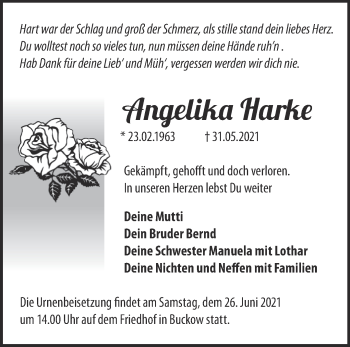 Traueranzeige von Angelika Harke von Märkische Oderzeitung