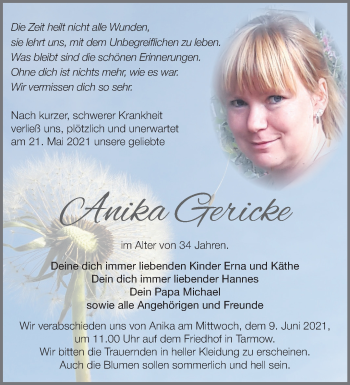 Traueranzeige von Anika Gericke von Märkische Oderzeitung