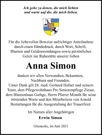 Traueranzeige von Anna Simon von Märkische Oderzeitung