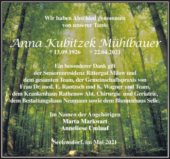 Traueranzeige von Anna Kubitzek Mühlbauer von Märkische Oderzeitung